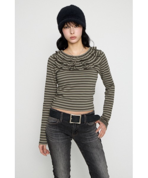 LAGUA GEM（ラグアジェム）の「BORDER FRILL CUT トップス（Tシャツ/カットソー・レディース・グレー/ベージュ/ブラック・FREE）」の15枚目の写真