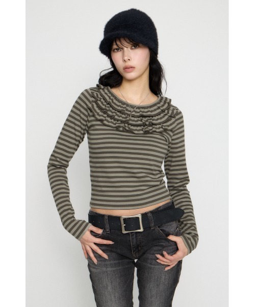 LAGUA GEM（ラグアジェム）の「BORDER FRILL CUT トップス（Tシャツ/カットソー・レディース・グレー/ベージュ/ブラック・FREE）」の16枚目の写真