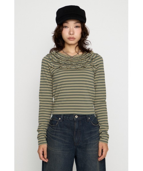 LAGUA GEM（ラグアジェム）の「BORDER FRILL CUT トップス（Tシャツ/カットソー・レディース・グレー/ベージュ/ブラック・FREE）」の9枚目の写真