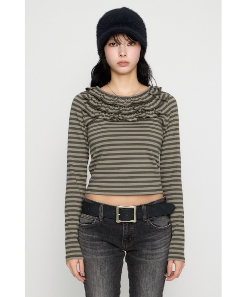 LAGUA GEM（ラグアジェム）の「BORDER FRILL CUT トップス（Tシャツ/カットソー・レディース・グレー/ベージュ/ブラック・FREE）」の14枚目の写真