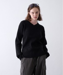 Double Neck Ribbed VNeck Knit／ダブル ネック リブ Vネック ニット