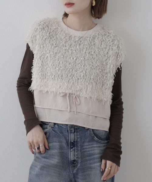EGLANTINE(エグランティーヌ)の「EGLANTINE 異素材切り替えフェザーベスト(ベスト・レディース・ブラック/モスグリーン/ベージュ・38)」の13枚目の写真