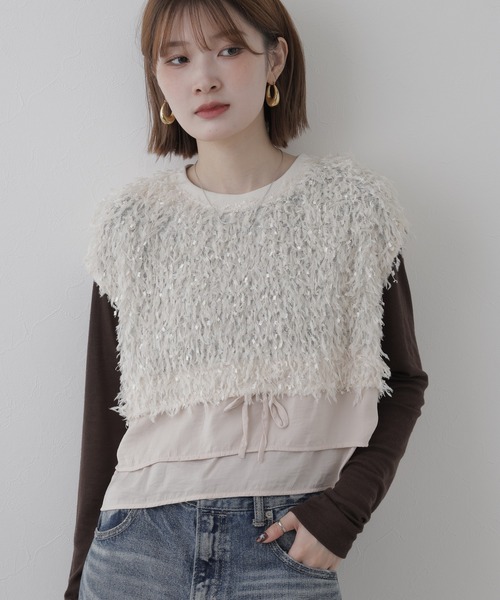 EGLANTINE(エグランティーヌ)の「EGLANTINE 異素材切り替えフェザーベスト(ベスト・レディース・ブラック/モスグリーン/ベージュ・38)」の17枚目の写真