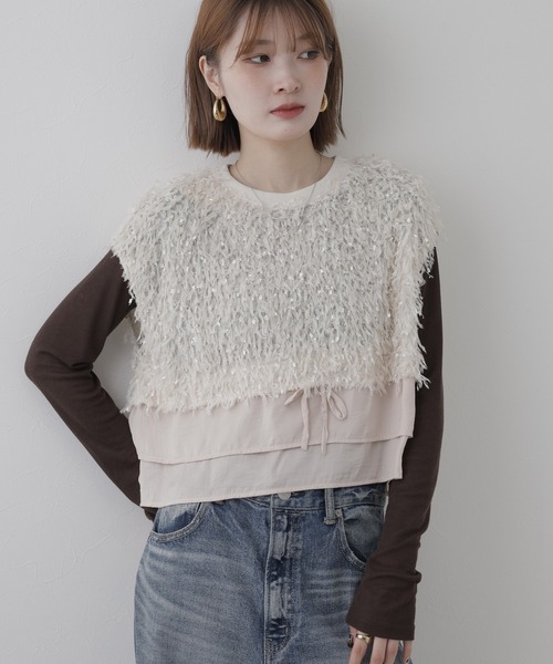 EGLANTINE(エグランティーヌ)の「EGLANTINE 異素材切り替えフェザーベスト(ベスト・レディース・ブラック/モスグリーン/ベージュ・38)」の18枚目の写真