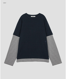 (T-7281)STRIPE LONG-SLEEVE LAYERD TEE
