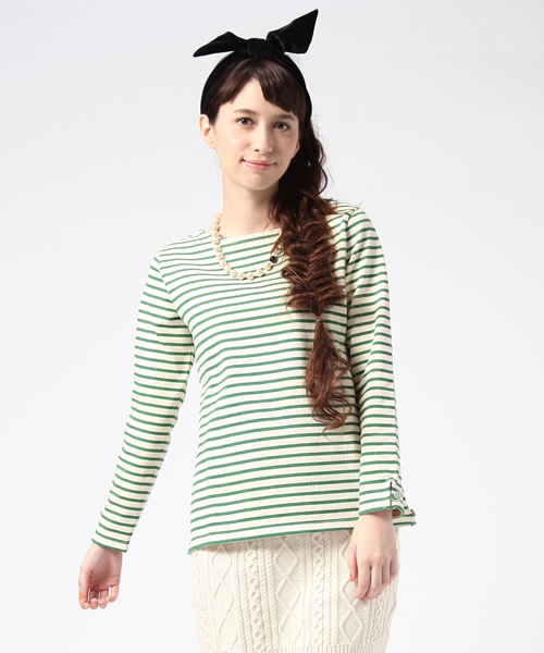 BEAMS BOY（ビームスボーイ）の「△BEAMS BOY / ボーダー後釦 ボートネック②（Tシャツ/カットソー・レディース・ブラック/グリーン/ネイビー・ONE SIZE）」の2枚目の写真