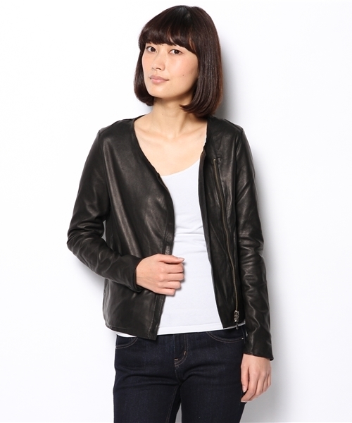 SHIPS for women（シップスフォーウィメン）の「ラムレザー ノーカラージャケット（ノーカラージャケット・レディース・ブラック/ベージュ系その他・38/36）」の9枚目の写真