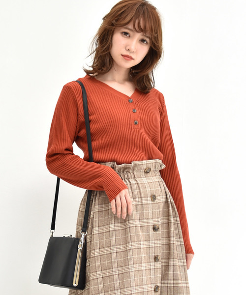 RETROGIRL(レトロガール)の「ヘンリーネックリブニット(ニット/セーター)」|レッド