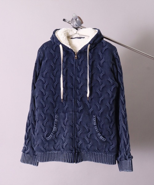 BAYBLO(ベイブロ)の「ウェーブケーブル柄ニット裏ボアZIPパーカー(RMS)(パーカー)」|ネイビー