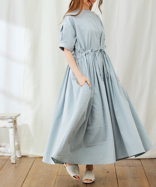 PURIL（ピュリル）の「【PURIL】バンドカラーゆるシャツ半袖ワンピース（シャツワンピース・レディース・ブラック/イエロー/ブルー系その他・S/M/L/XS）」の9枚目の写真