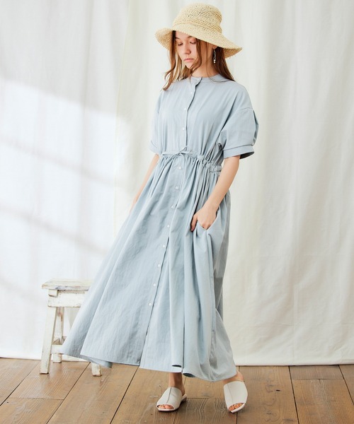 PURIL（ピュリル）の「【PURIL】バンドカラーゆるシャツ半袖ワンピース（シャツワンピース・レディース・ブラック/イエロー/ブルー系その他・S/M/L/XS）」の5枚目の写真