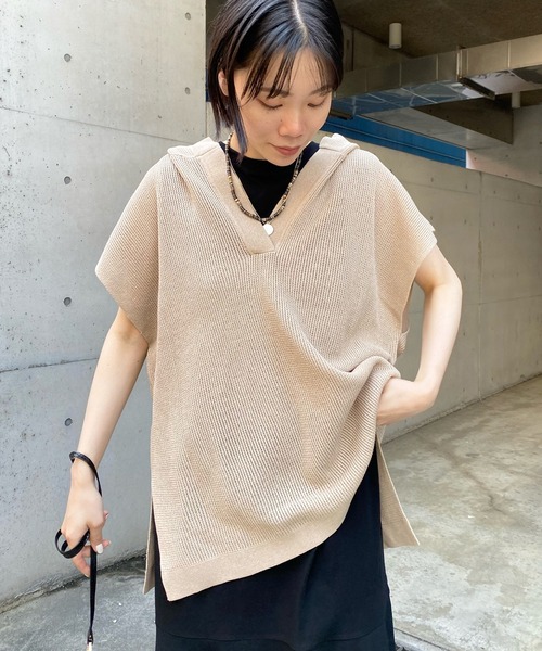 DouDou（ドゥドゥ）の「麻混フーディーフレンチ（ニット/セーター・レディース・ブラック/ベージュ・FREE）」の2枚目の写真