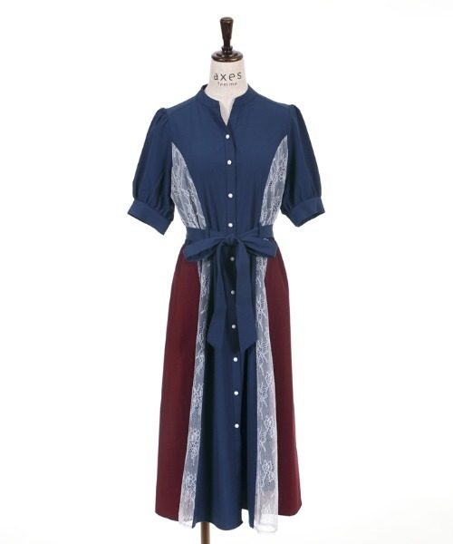 axes femme（アクシーズファム）の「レース切替配色シャツワンピ