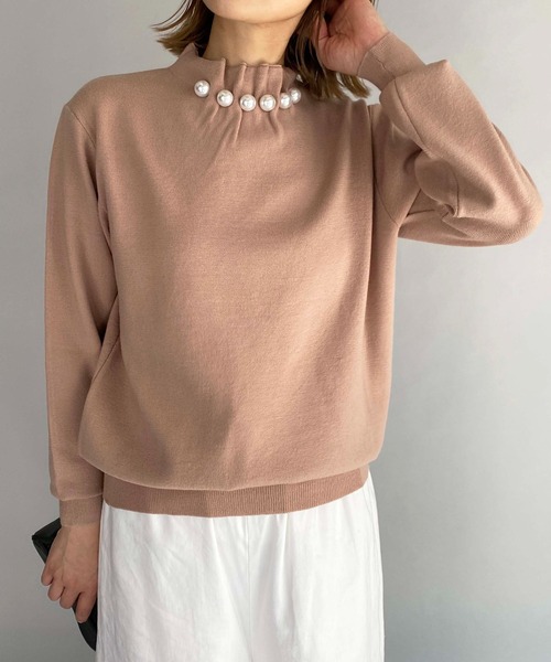 PICCIN（ピッチン）の「衿タックビッグパール付ニット（ニット/セーター・レディース・ブラック/オフホワイト/ピンクベージュ・M）」の19枚目の写真
