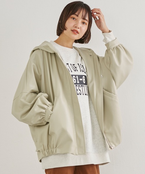LAVEANGE(ラビアンジェ)の「ビックシルエット フェイクレザーフードブルゾン(ブルゾン・レディース・ブラック/ベージュ/カーキ・LL/3L/4L/M)」の1枚目の写真