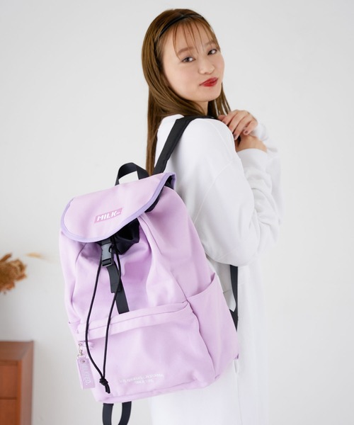 【新品未使用】MILKFED. ミルクフェド　ピンク　ライトパープル　リュック MILKFED.（ミルクフェド）の「EMBROIDERED BAR CANVAS FLAP