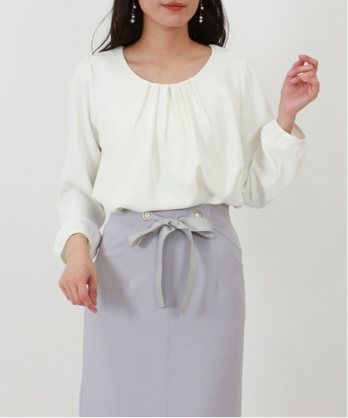 TRUDEA（トルディア）の「タックバルーンブラウス（ビジネスシャツ・レディース・ライトグレー/ホワイト/ネイビー・SMALL/LARGE/MEDIUM）」の2枚目の写真