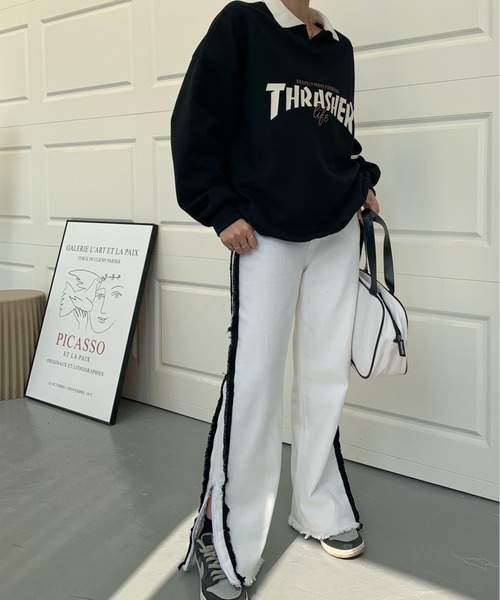 ABITOKYO（アビトーキョー）の「サイドジップハイウエストストレッチセミワイドデニムパンツ（デニムパンツ・レディース・ホワイト/ブラック・L/M/S）」の16枚目の写真