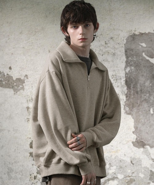 EMMA CLOTHES（エマクローズ）の「オーバーサイズ ビッグカラー ハーフジップ プルオーバースウェット EMMA CLOTHES（スウェット・メンズ・ブラック/アイボリー/グリーン/杢グレー/ベージュ/チャコールグレー/スモークピンク/パープル/オリーブ/ブルー/グレー・M/L）」の6枚目の写真