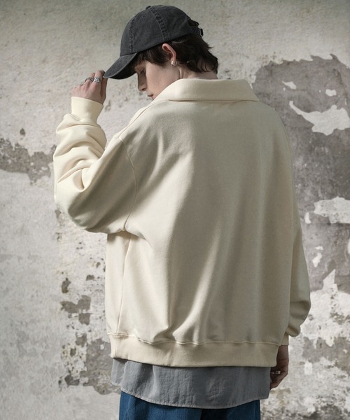 EMMA CLOTHES（エマクローズ）の「オーバーサイズ ビッグカラー ハーフジップ プルオーバースウェット EMMA CLOTHES（スウェット・メンズ・ブラック/アイボリー/グリーン/杢グレー/ベージュ/チャコールグレー/スモークピンク/パープル/オリーブ/ブルー/グレー・M/L）」の12枚目の写真