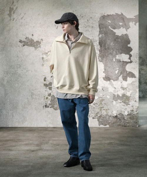 EMMA CLOTHES（エマクローズ）の「オーバーサイズ ビッグカラー ハーフジップ プルオーバースウェット EMMA CLOTHES（スウェット・メンズ・ブラック/アイボリー/グリーン/杢グレー/ベージュ/チャコールグレー/スモークピンク/パープル/オリーブ/ブルー/グレー・M/L）」の13枚目の写真