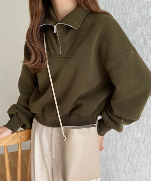 callautia（カラウティア）の「ハーフジップショート丈スウェット（スウェット・レディース・ブラック/ライトグレー/アイボリー/ダークブラウン/ピンクベージュ/カーキ・LARGE/MEDIUM/SMALL/X-LARGE）」の17枚目の写真