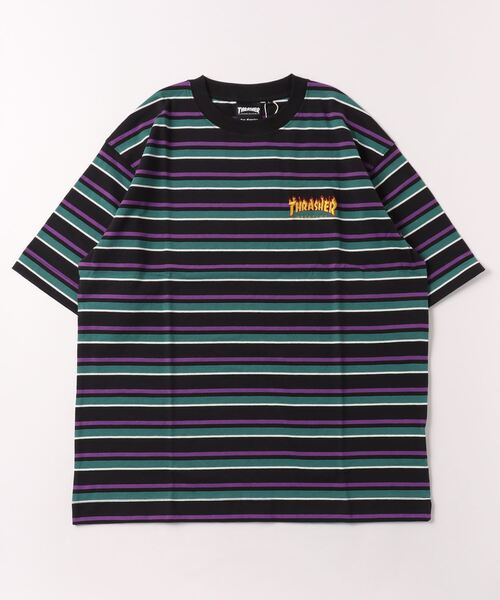 THRASHER(スラッシャー)の「【ムラサキスポーツ別注】THRASHER/スラッシャー マルチボーダーTシャツ オーバーサイズ/刺繍ロゴ クルーネックTシャツ THMM-001B FLAME(Tシャツ/カットソー・メンズ・グリーン系その他/ホワイト×ネイビー/ブラック×グリーン・M/L/XL)」の11枚目の写真