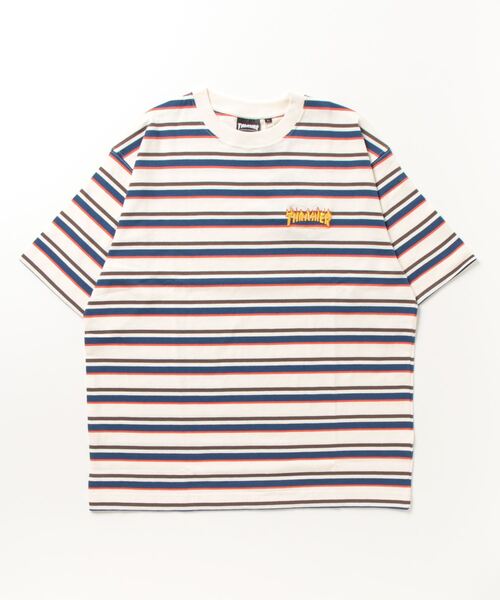 THRASHER(スラッシャー)の「【ムラサキスポーツ別注】THRASHER/スラッシャー マルチボーダーTシャツ オーバーサイズ/刺繍ロゴ クルーネックTシャツ THMM-001B FLAME(Tシャツ/カットソー・メンズ・グリーン系その他/ホワイト×ネイビー/ブラック×グリーン・M/L/XL)」の12枚目の写真