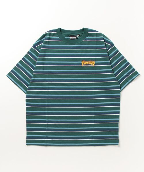 THRASHER(スラッシャー)の「【ムラサキスポーツ別注】THRASHER/スラッシャー マルチボーダーTシャツ オーバーサイズ/刺繍ロゴ クルーネックTシャツ THMM-001B FLAME(Tシャツ/カットソー・メンズ・グリーン系その他/ホワイト×ネイビー/ブラック×グリーン・M/L/XL)」の13枚目の写真