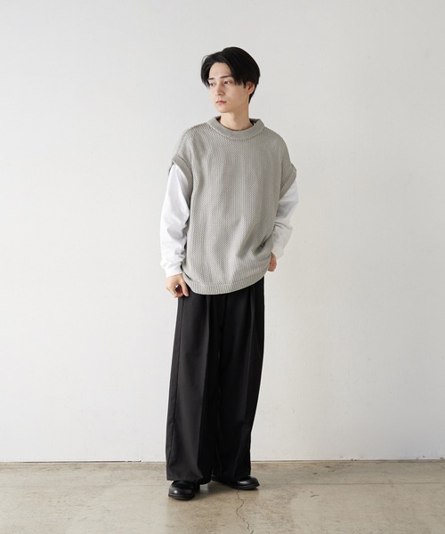 【専用】The toe グレー ニットベスト　モダングラフィックベスト 前後2WAY】よろけ縞 ニットベスト（72-33IG06-204）｜ギャバジン