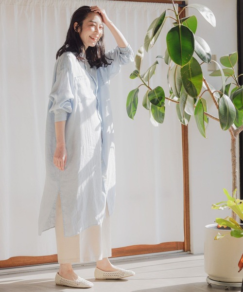 美品 CELERI リネン100％ シャツワンピース 白 サイズF*CD1200 ワンピース フレンチリネン100%ギャザーシャツワンピース シャツ
