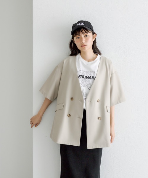 PUAL CE CIN（ピュアルセシン）の「【Du noir】ハーフスリーブジャケット（ノーカラージャケット・レディース・ブラック/ベージュ・FREE）」の3枚目の写真