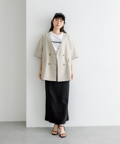 PUAL CE CIN（ピュアルセシン）の「【Du noir】ハーフスリーブジャケット（ノーカラージャケット・レディース・ブラック/ベージュ・FREE）」の5枚目の写真