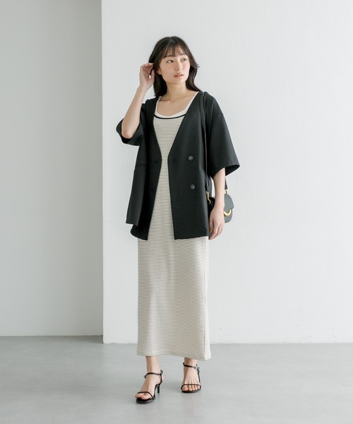 PUAL CE CIN（ピュアルセシン）の「【Du noir】ハーフスリーブジャケット（ノーカラージャケット・レディース・ブラック/ベージュ・FREE）」の9枚目の写真