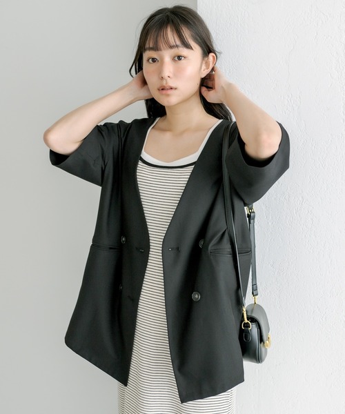 PUAL CE CIN（ピュアルセシン）の「【Du noir】ハーフスリーブジャケット（ノーカラージャケット・レディース・ブラック/ベージュ・FREE）」の8枚目の写真