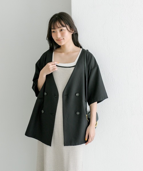 PUAL CE CIN（ピュアルセシン）の「【Du noir】ハーフスリーブジャケット（ノーカラージャケット・レディース・ブラック/ベージュ・FREE）」の7枚目の写真