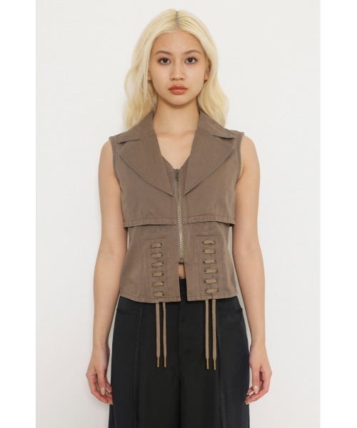 LAGUA GEMブラウン コーデュロイ風 ベスト LAGUA GEM | ZIP POCKET FAUX LEATHER ベスト (タンクトップ