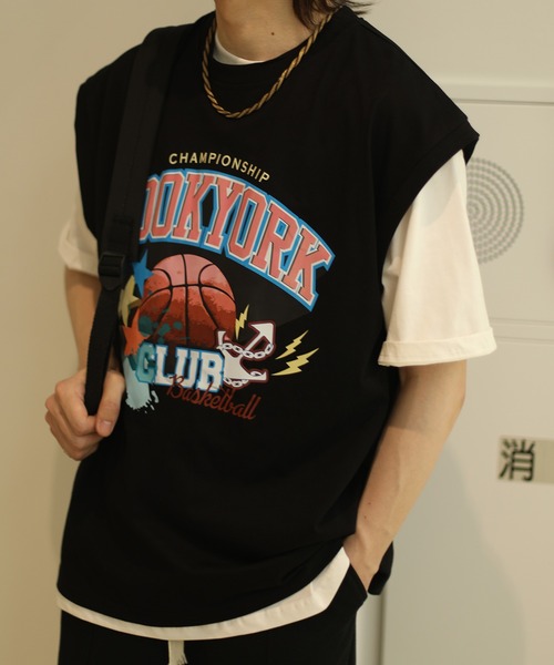 HOOK(フック)の「HOOK -original- アメカジバスケットボールプリント ノースリーブ Tシャツ (SS) (LR)(Tシャツ/カットソー・メンズ・ベージュ/ブラック・M/XL/L)」の2枚目の写真
