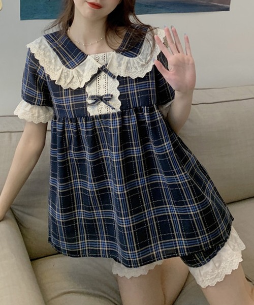 DAY CLOSET(デイ クローゼット)の「レディース 半袖レトロチェックビッグフリルカラールームウェア 上下2点セット(ルームウェア/パジャマ・レディース・ネイビー・ONE SIZE)」の2枚目の写真