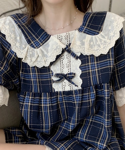 DAY CLOSET(デイ クローゼット)の「レディース 半袖レトロチェックビッグフリルカラールームウェア 上下2点セット(ルームウェア/パジャマ・レディース・ネイビー・ONE SIZE)」の6枚目の写真