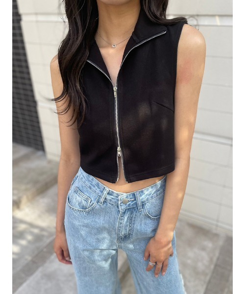 ENVYM（アンビー）の「Wジップトップス（Tシャツ/カットソー・レディース・ブラック/ホワイト・FREE）」の2枚目の写真