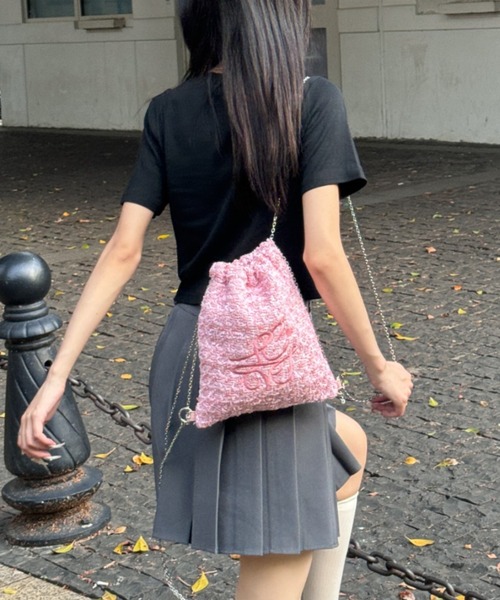 LAC-VERT（ラック・ヴェール）の「LCVT刺繍 ツイードチェーンナップサック（バックパック/リュック・レディース・ホワイト/グリーン/ピンク/ブラック・FREE）」の4枚目の写真