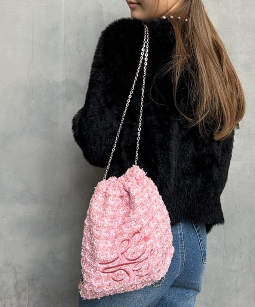 LAC-VERT（ラック・ヴェール）の「LCVT刺繍 ツイードチェーンナップサック（バックパック/リュック・レディース・ホワイト/グリーン/ピンク/ブラック・FREE）」の20枚目の写真