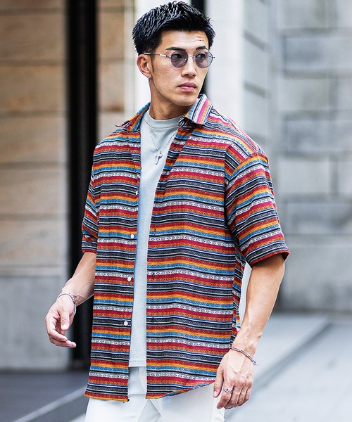 URU / 半袖シャツ/1/レーヨン/NVY/総柄/23SRP02 JOKER（ジョーカー）の「ネイティブ柄半袖シャツ ビッグシルエット