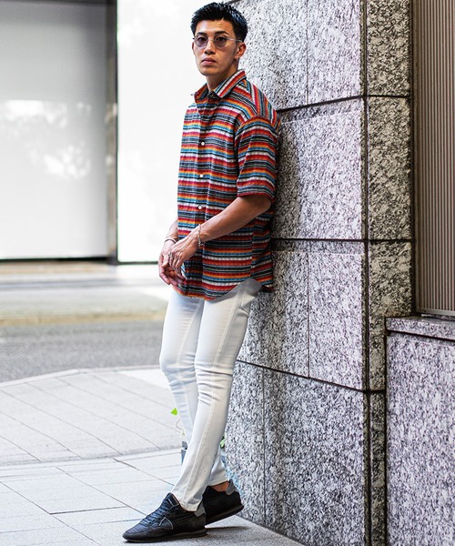 JOKER(ジョーカー)の「ネイティブ柄半袖シャツ ビッグシルエット オーバーサイズシャツ 総柄 ボーダー トップス 春服(シャツ/ブラウス・メンズ・ブラック/グリーン・M/L)」の9枚目の写真