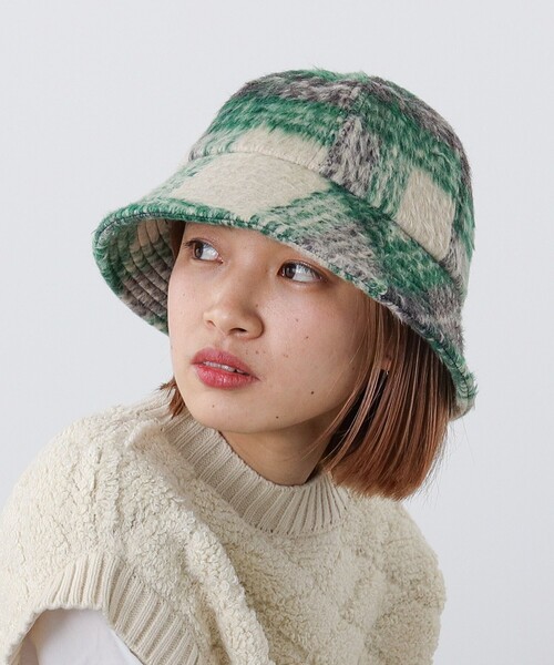 BEAMS HEART(ビームスハート)の「BEAMS HEART / シャギーチェック ハット(ハット・レディース・ホワイト系その他5/グリーン/ブラック・ONE SIZE)」の3枚目の写真
