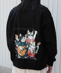 HOOK -original- ワンポイント刺繍ネコイラストバックプリントスウェット