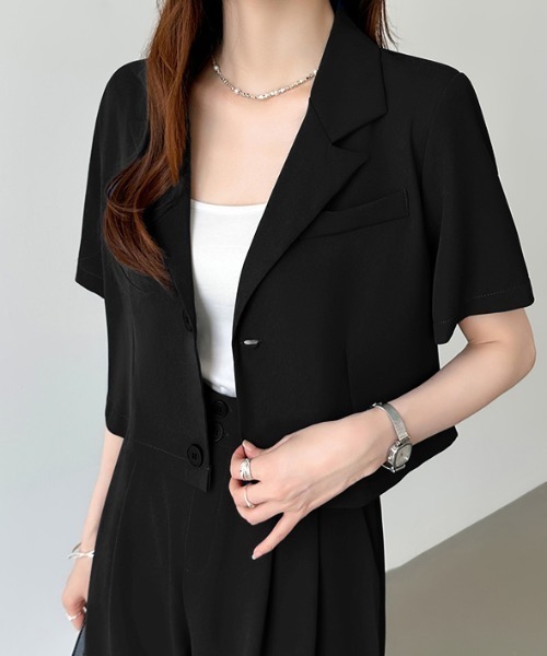 COCOMOMO(ココモモ)の「半袖ジャケットセットアップ ショートジャケット 半袖 ジャケット タック スラックス セットアップ タックパンツ バックウエストゴム オフィスカジュアル カジュアル 夏服(セットアップ・レディース・ライトブラウン/ブルー/ブラック・L/M)」の20枚目の写真