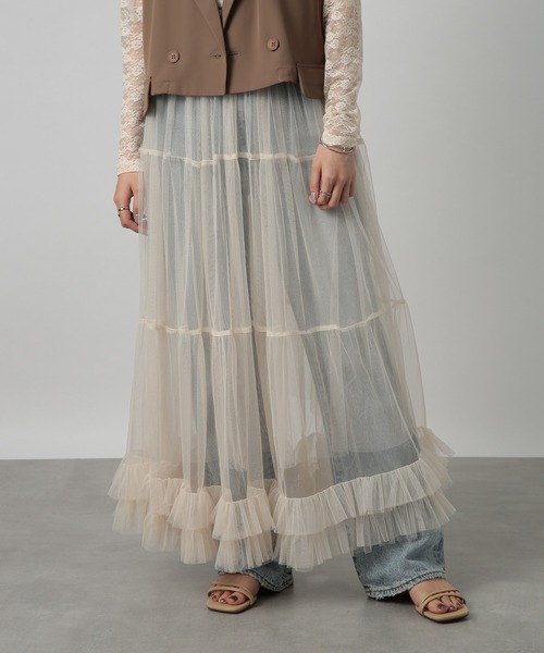 MAISON BREEZE reveur（メゾンブリーズレヴール）の「【MAISON BREEZE reveur】tulle frill long skirt チュールギャザーロングスカート ペチスカート付き（スカート・レディース・オフホワイト/ブラック/グレー・FREE）」の14枚目の写真