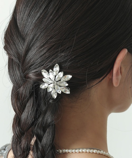 フラワー モチーフ ビジュー キラキラ ダボピン ヘアクリップ